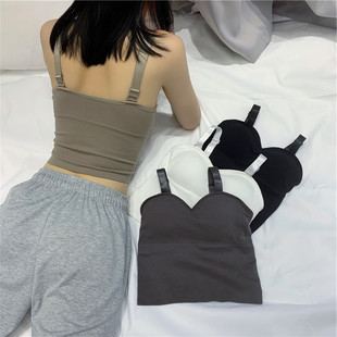 New Korean Style Seamless Sling Beautiful Back Solid Color Chest Wrap Adjustable Shoulder Strap Long Vest Threaded Elastic Top for Women
