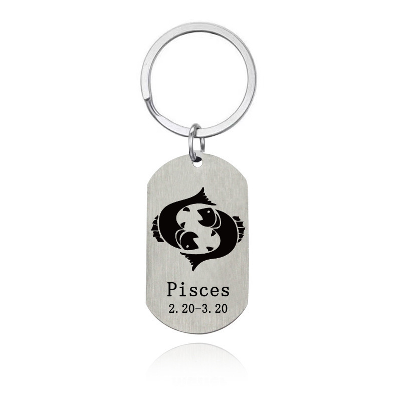 Cross-Border New Model 12 Zodiac Signs Military-Style Stainless Steel Keychain Backpack Car Pendant Customizable DIY Keychain