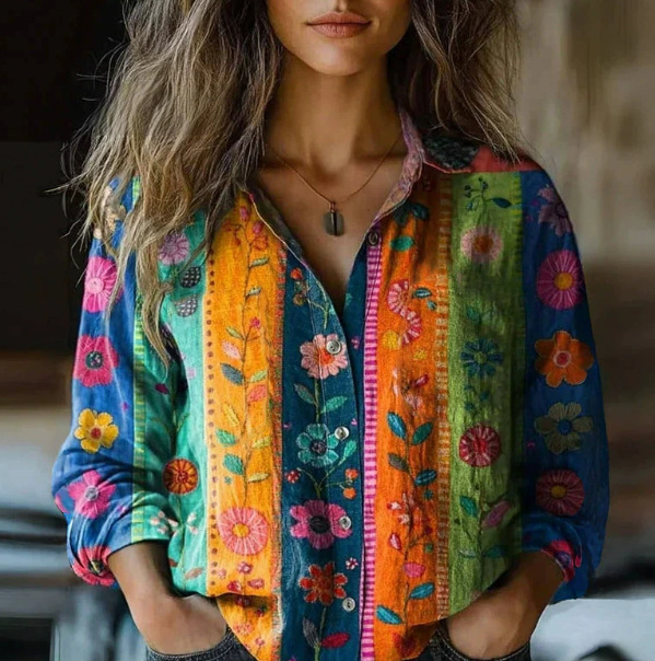 新款2025女士长款衬衫女夏季欧美潮流长袖衬衫印花图案印花3D衬衫|undefined