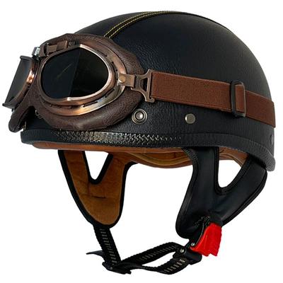 Motosiklet kaskı (dəbilqə) – cross-border scoop helmet small helmet - black-and-yellow-wire-leather-helmet-copper-mirror-m