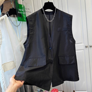 High-End Black V Neck Tencel Cotton and Linen Women's Waistcoat Cardigan Light Top 2024 Summer New Style