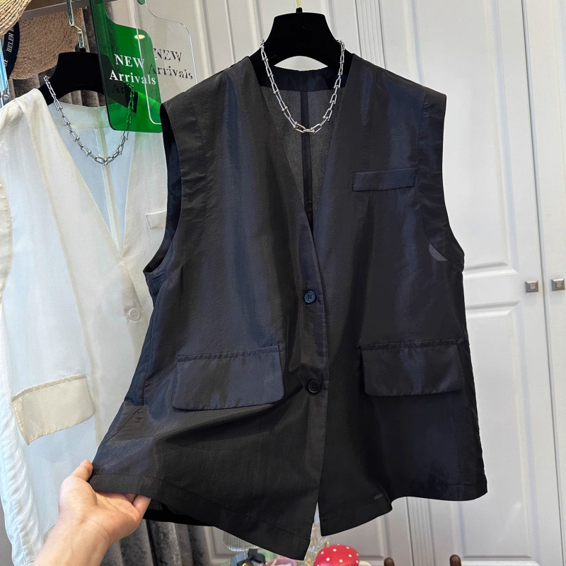 Black V Neck Tencel Cotton and Linen Women's Waistcoat Cardigan Light Top 2025 Summer New Style Black V Neck Tencel Cotton and Linen Women's Waistcoat Cardigan Light Top 2025 Summer New Style