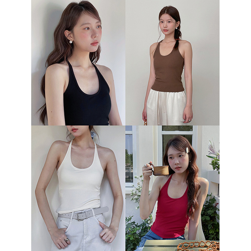 【Geming】Stylish Solid Color Commuter Camisole with Chest Pads for Women, Spring Thin Strap Workwear Beautiful Back Design W981B