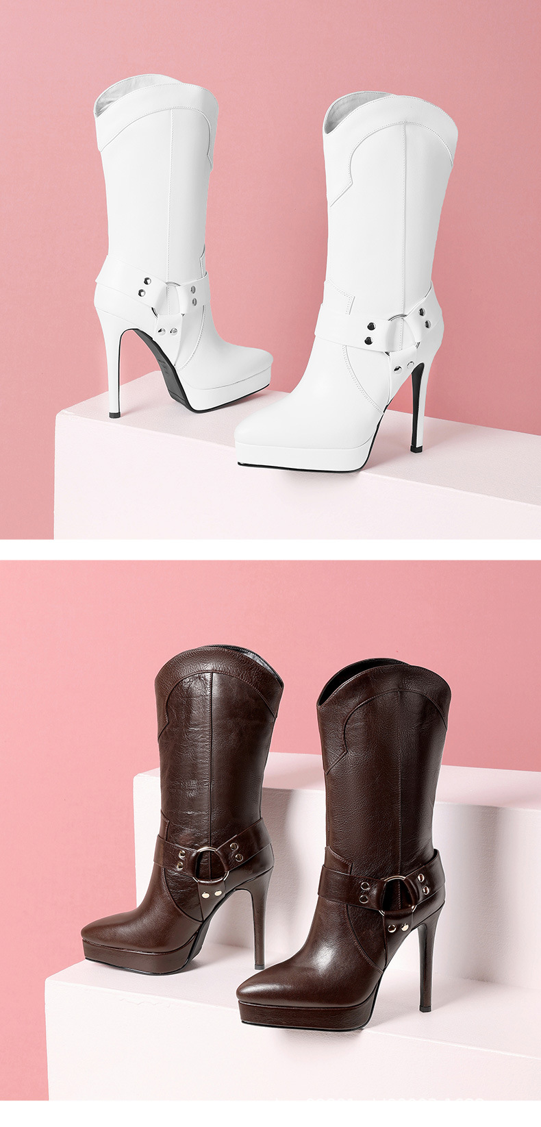 Boot nữ cổ cao ôm bắp chân mũi nhọn da thật, gót platform 10 cm, phong cách retro châu Âu — Lớp lót đơn màu trắng 10cm chi tiết 9