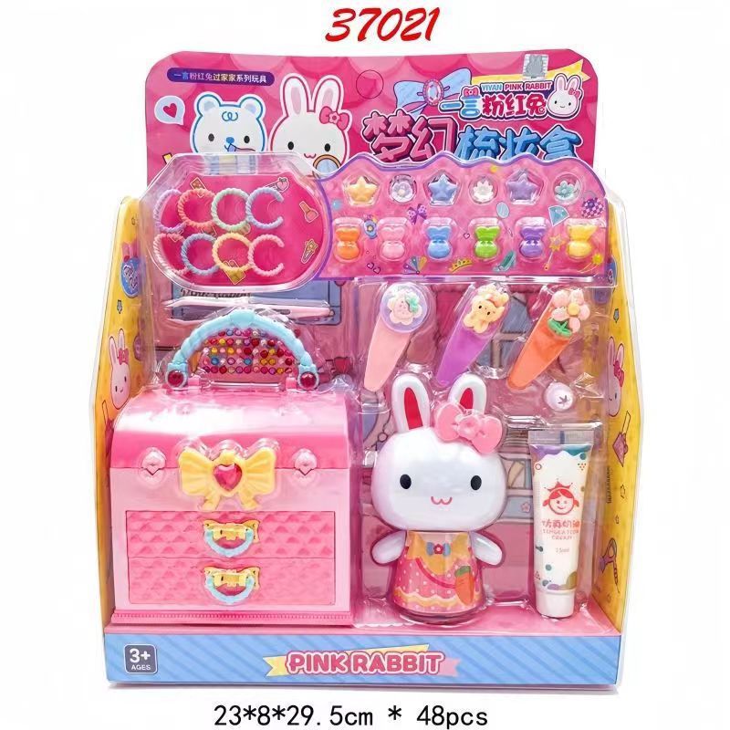 Una palabra conejo rosa caja de maquillaje infantil mesa de maquillaje simulación bolsa de almacenamiento portátil de trabajo niña juguetes caseros
