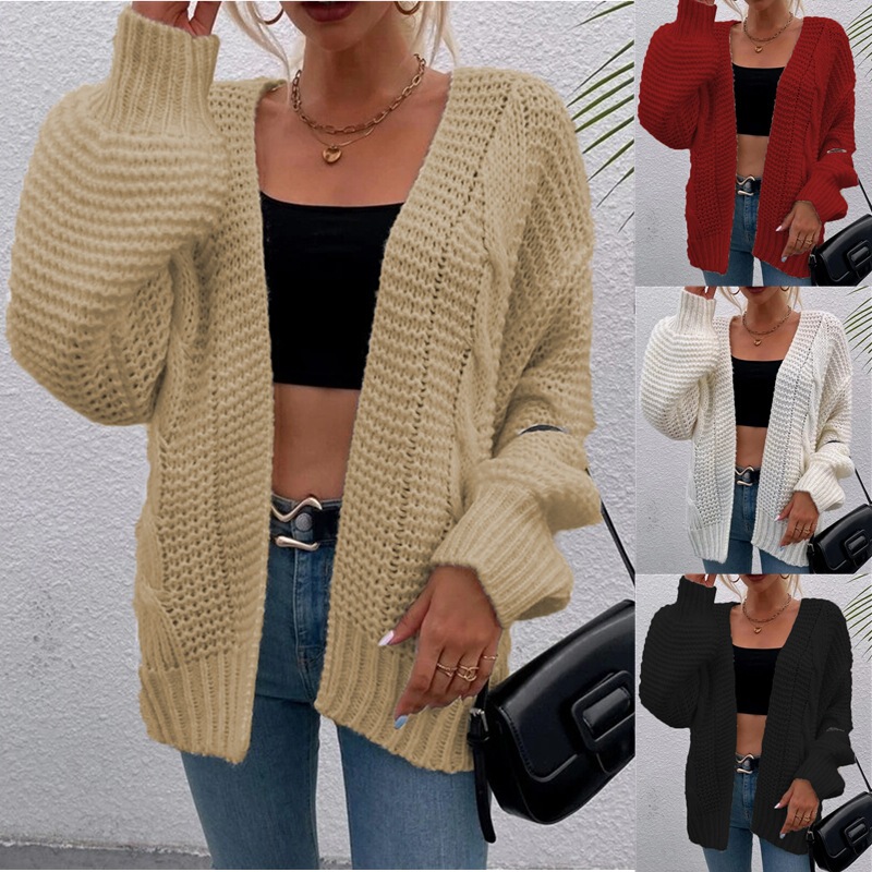 2026 Amazon Casual Open-Front Long-Sleeve Chunky Knit Cable Cardigan Sweater Loose Lantern Sleeve Outerwear for Women