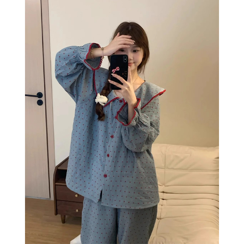 韩系甜美娃娃领纯棉睡衣女秋季2025新款双层简约舒适纱家居服套装|undefined