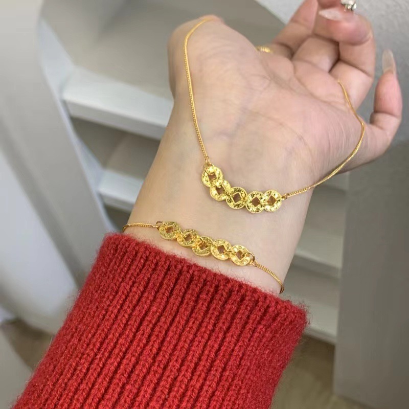 新款新中式超闪碎冰冰五帝币手链女高级轻奢小众设计项链手饰品|undefined