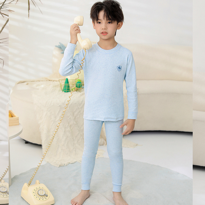 자연 색상 코튼 블루 솔리드 컬러 라운드 넥