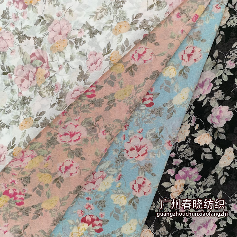 雪纺珠印花 2023新款植物碎花布 夏女装连衣裙外衬衣饰品半透面料