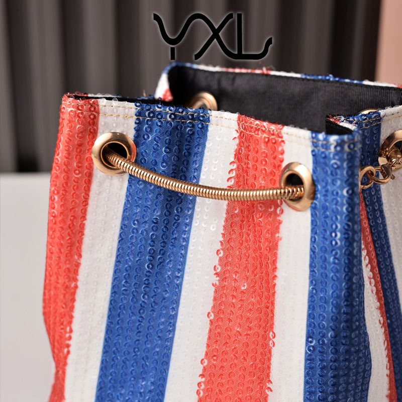 Bolsa de cubo de moda retro sequilla cadena bolso de mujer rojo, azul y blanco rayas bolso de hombro de mujer fábrica directa bolso transfronterizo