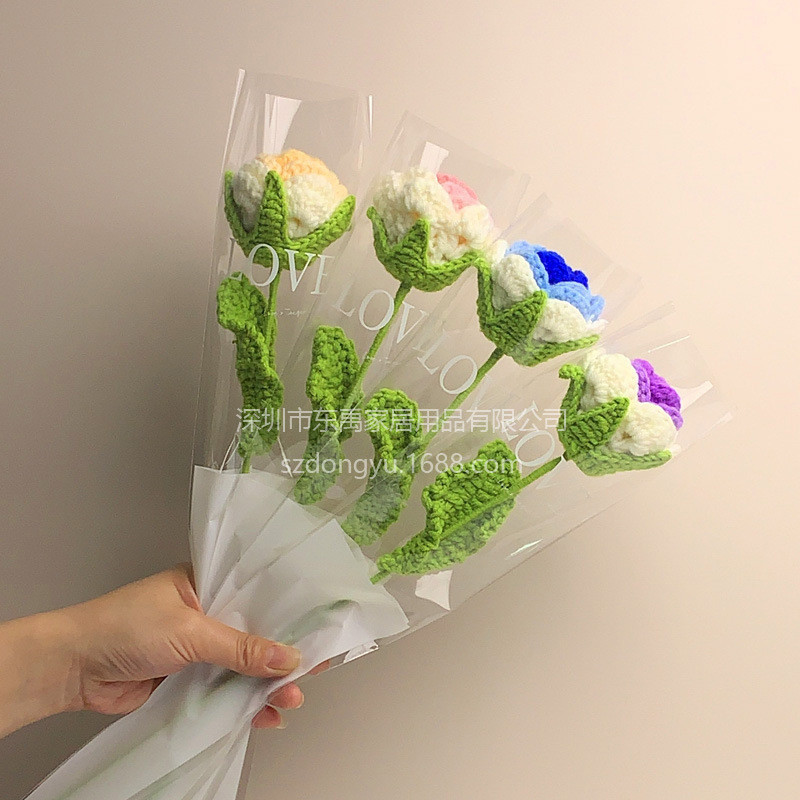 玫瑰花编织花束假花手工钩针仿真花毛线花朵成品情人节教师节礼物|undefined