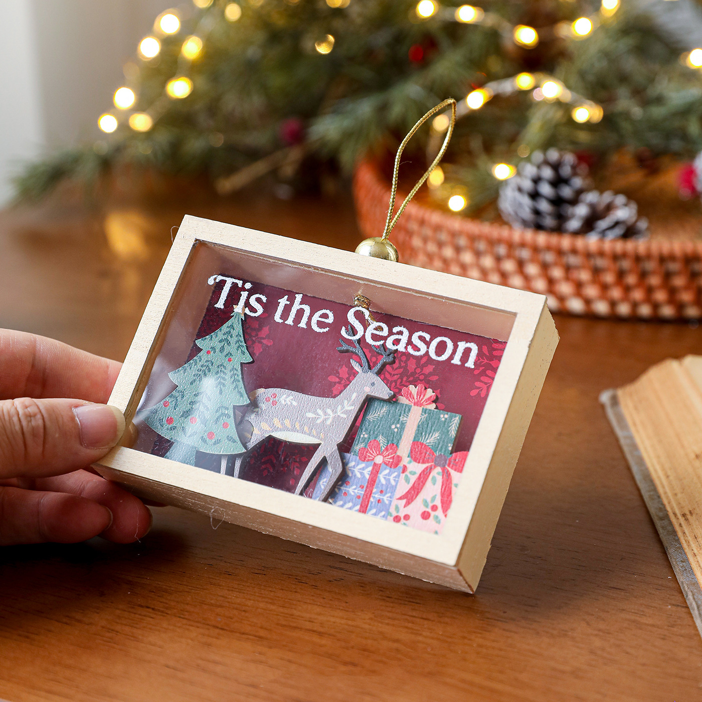 Nuevos colgantes de madera transfronterizos caja de decoración de escritorio tridimensional de alta calidad alce decoración de árbol de Navidad diseño colgante