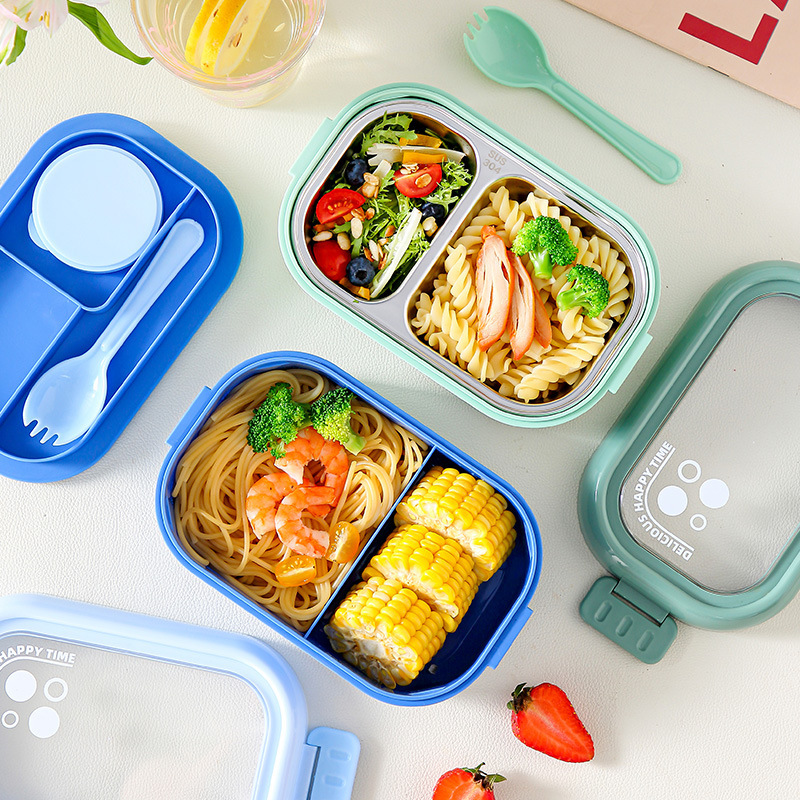 学生日式分格304不锈钢饭盒 上班族塑料午餐便当盒带餐具沙拉餐盒|undefined