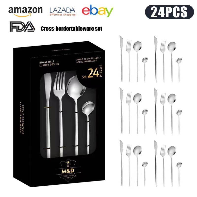 Juego de cuchillo y tenedor de comida occidental portuguesa de acero inoxidable de Amazon transfronterizo Juego de 24 piezas de bistec, cuchillo, tenedor, cuchara, cuchara, juego de cuchara de postre