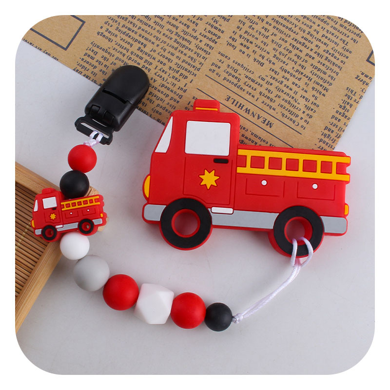 Suministros de bebé plástico clip duckbill camión bomberos juguete mordedor bebé calmante silicona chupete cadena dientes