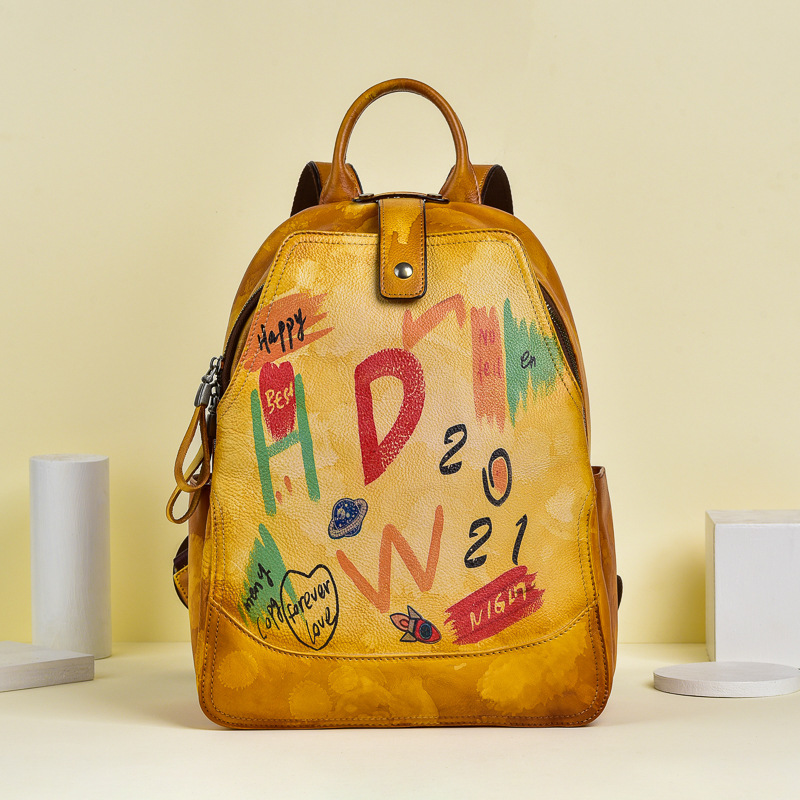 Ba lô nữ da bò cổ điển phong cách graffiti dung tích lớn dễ phối đồ — Vàng cổ điển, Xanh lá cổ điển, Đỏ cổ điển, Xám cổ điển