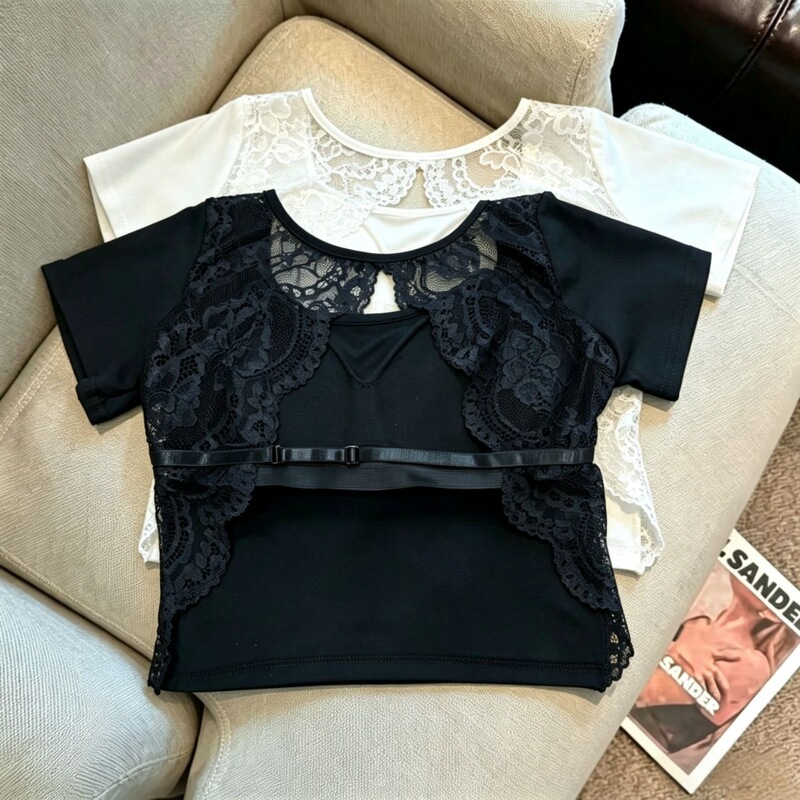 DY816 Butterfly Lace Backless Short Sleeve T-shirt with Chest Pads for Women, 2026 Summer New Hot Girl Short Top ins DY816 Butterfly Lace Backless Short Sleeve T-shirt with Chest Pads for Women, 2026 Summer New Hot Girl Short Top ins