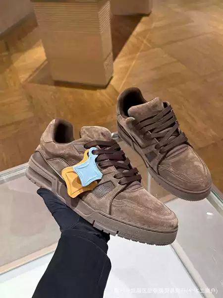 New Model Men's Sneakers from Lv Trainer, Available for Purchasing, in Elephant Gray with Floral Embroidery, Blue-Orange-Purple Gradient, Casual Women's Sneakers