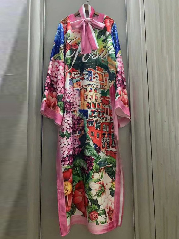 2025 外国貿易クロスボーダー婦人服レトロ幾何学プリントプルオーバーレースアップドレス裾スリットルーズチュチュスカート|undefined