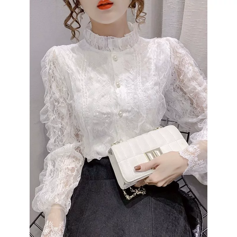 Женская рубашка с кружевным низом для ношения на улице, осень и зима 2025, новый стиль, бархатный кружевной кардиган, французский воротник-стойка, топ с длинными рукавами