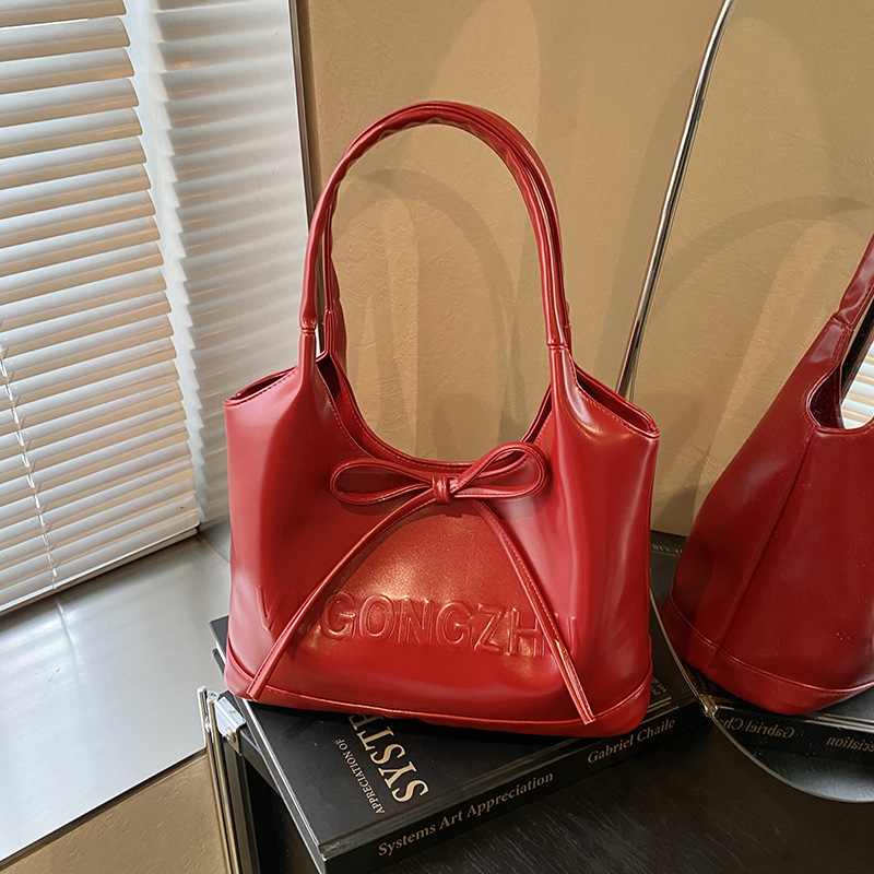 Versatile Bow-Knot Underarm Large Bag for Women 2026 New Fashion Oil Wax Leather Commuter Bag Zara Texture Tote Bag