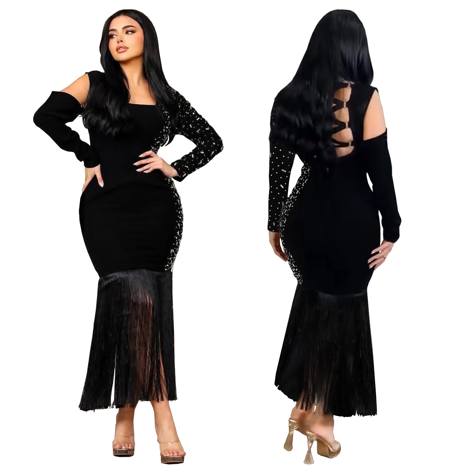 C7412 Aliexpress transfronterizo amazon ropa de moda europea y americana de mujer sexy bolsas de brazo largo vestido de diamantes calientes image 6