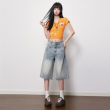 稚橘#双腰头高级感阔腿牛仔裤女宽松显瘦水洗潮流百搭直筒七分裤