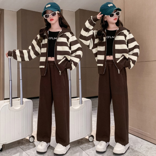 Girls' Spring and Autumn Set  New Style Medium and Large Children's Striped Hooded Sweatshirt Top and Wide-Leg Pants Two-Piece Set