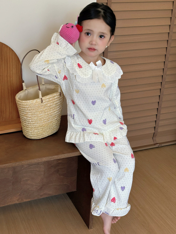 儿童睡衣女中大小童春秋季蕾丝花边公主风长袖卡通可爱家居服套装|undefined