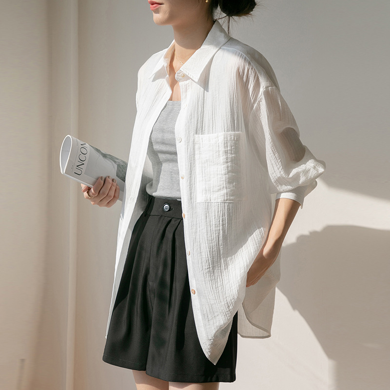 实拍2025春夏白色天丝衬衫女宽松设计感慵懒风透视外搭防晒衬衣