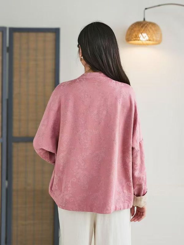 古咖服饰2025秋季新款立领复古盘扣暗纹提花大口袋文艺拼接上衣女|undefined