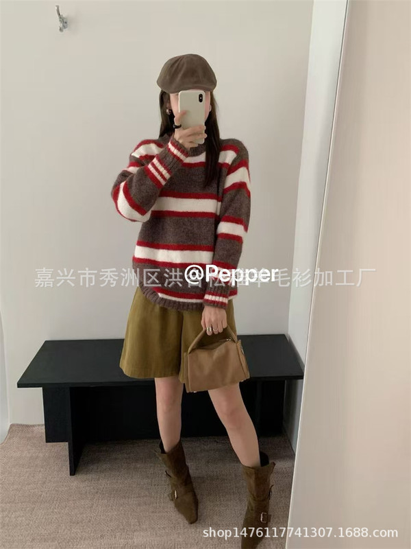 韩系宽松慵懒条纹毛衣套头女秋冬新款休闲百搭长袖针织衫软糯上衣|undefined
