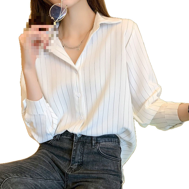 女性のストライプのシャツの女性の春秋服の新型の長い袖の襟の洋風の上着のファッション的な職業の気質のシャツ|undefined