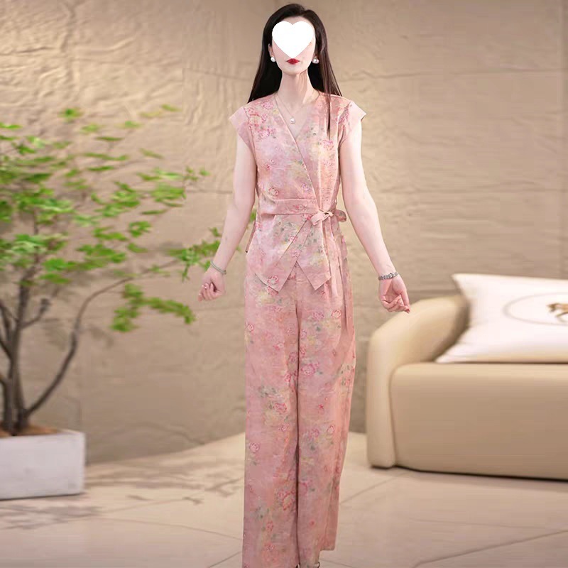 感时尚套装女夏季新款洋气显瘦V领短袖上衣阔腿裤休闲两件套|undefined