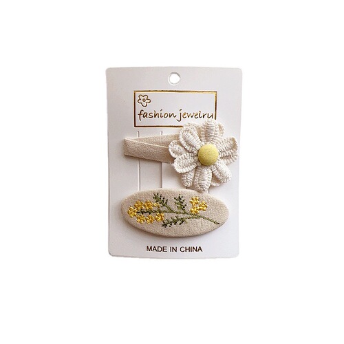 New French retro milk tea color fabric lace bow embroidered flowers children's press clip BB clip rubber band hair accessories