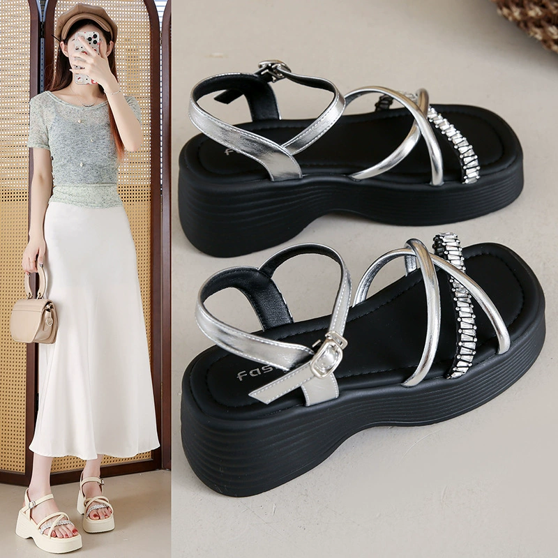 2025 летние женские сандалии на толстой подошве с камнями в стиле феи, высокая платформа, мягкая подошва, удобная обувь для женщин