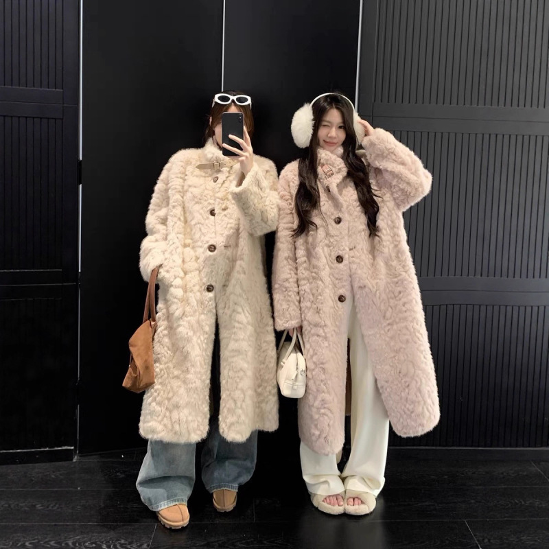 Winter 2025 New Style Faux Fur Coat with Stand Collar, Over-The-Knee Long Length, Integrated Leather and Lamb Wool Long Coat