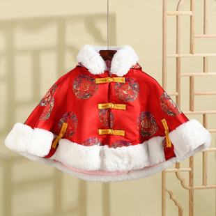 Chinese style embroidered baby winter hooded tiger head cloak imitation rabbit fur handmade buckle national fashion year-old gift