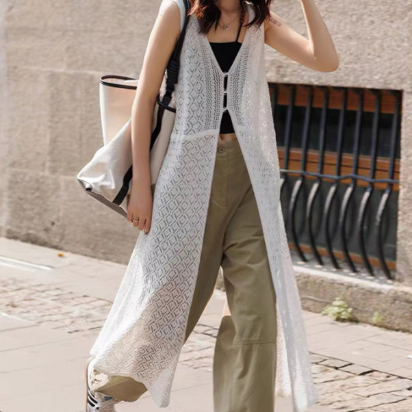 Hollow-Out Vest Knit Dress 2026 Summer Thin Loose Long Knit Cover-Up Layered Versatile Top for Women
