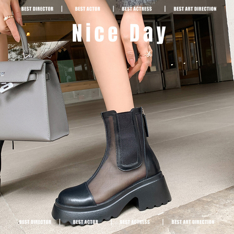 Boot ngắn nữ da bò mũi tròn đế dày thoáng khí khóa kéo sau — Màu đen, Màu mơ chi tiết 76