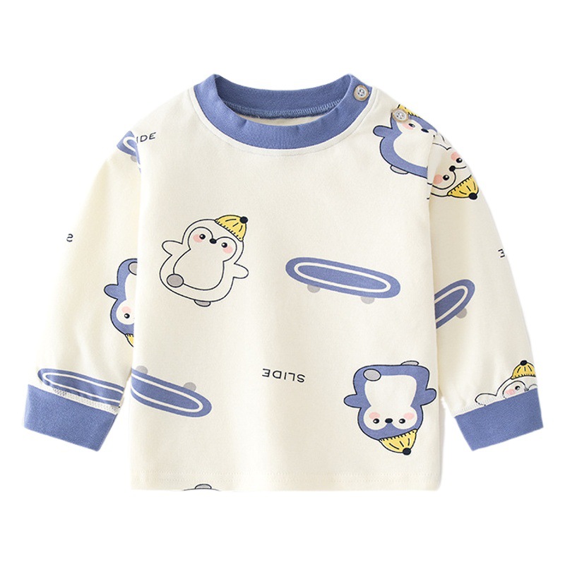 Camiseta de algodón para bebés con estampado vintage de dibujos animados y abertura en el hombro, ropa interior para primavera y otoño, mayorista