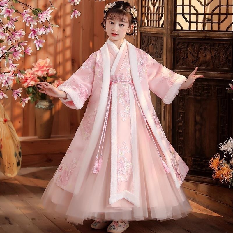 warm princess dress Girls' Hanfu pink tang suit chinese fairy fancy princess dress Thickened  Super Immortal Tang Costume Robe Two Piece Set Children's Warm Hanfu