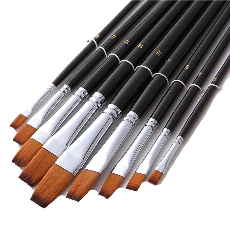 Venta directa de fábrica de 9 pinceles de punta plana de nailon con mangos de madera negros brillantes, pinceles para pintura al óleo, herramientas de pintura duraderas.
