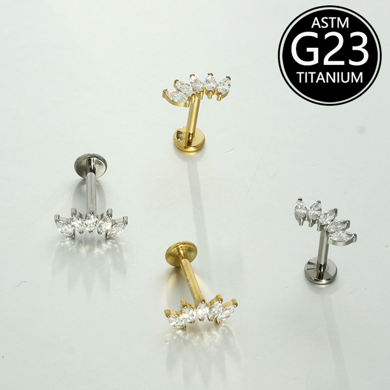 G23 Titanium Lip Stud Five-Eye Inlaid Zircon 16G Internal Thread Labret Piercing Jewelry detail image 7