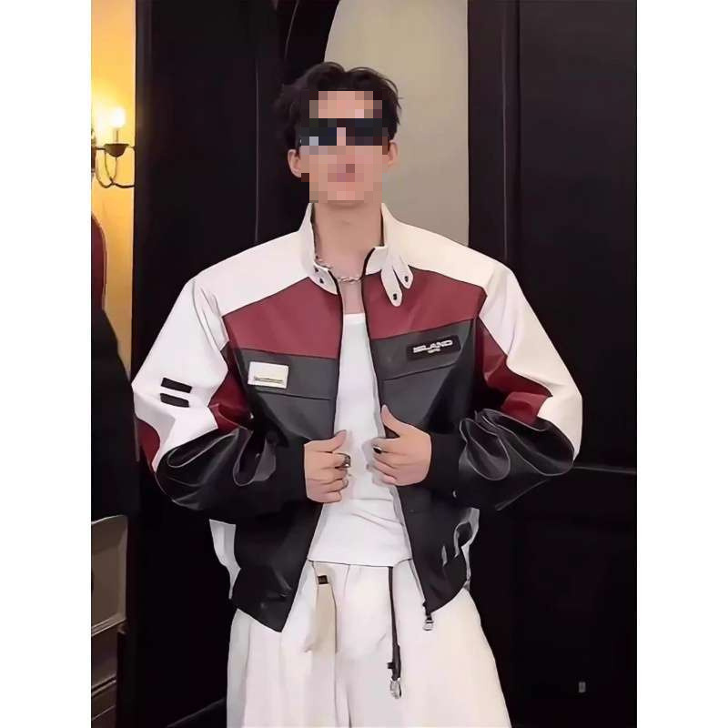 American-Style Pu Leather Jacket for Men, Spring and Autumn Color-Blocking Biker Racing Jacket, Couple's Bomber Jacket