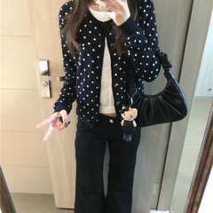 2025新款韩系波点秋早秋搭软糯开衫毛衣外套女外搭针织衫短款上衣