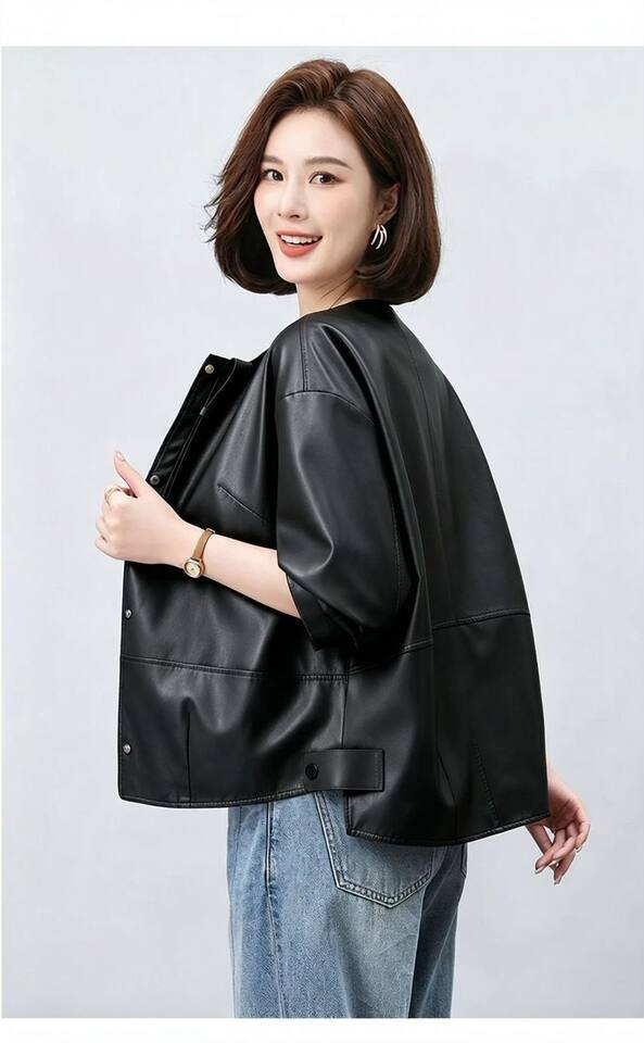 Áo khoác da nữ dáng ngắn ôm vừa, cổ lập, tay dài, phong cách thanh lịch — Cam Hermès, đen chi tiết 17