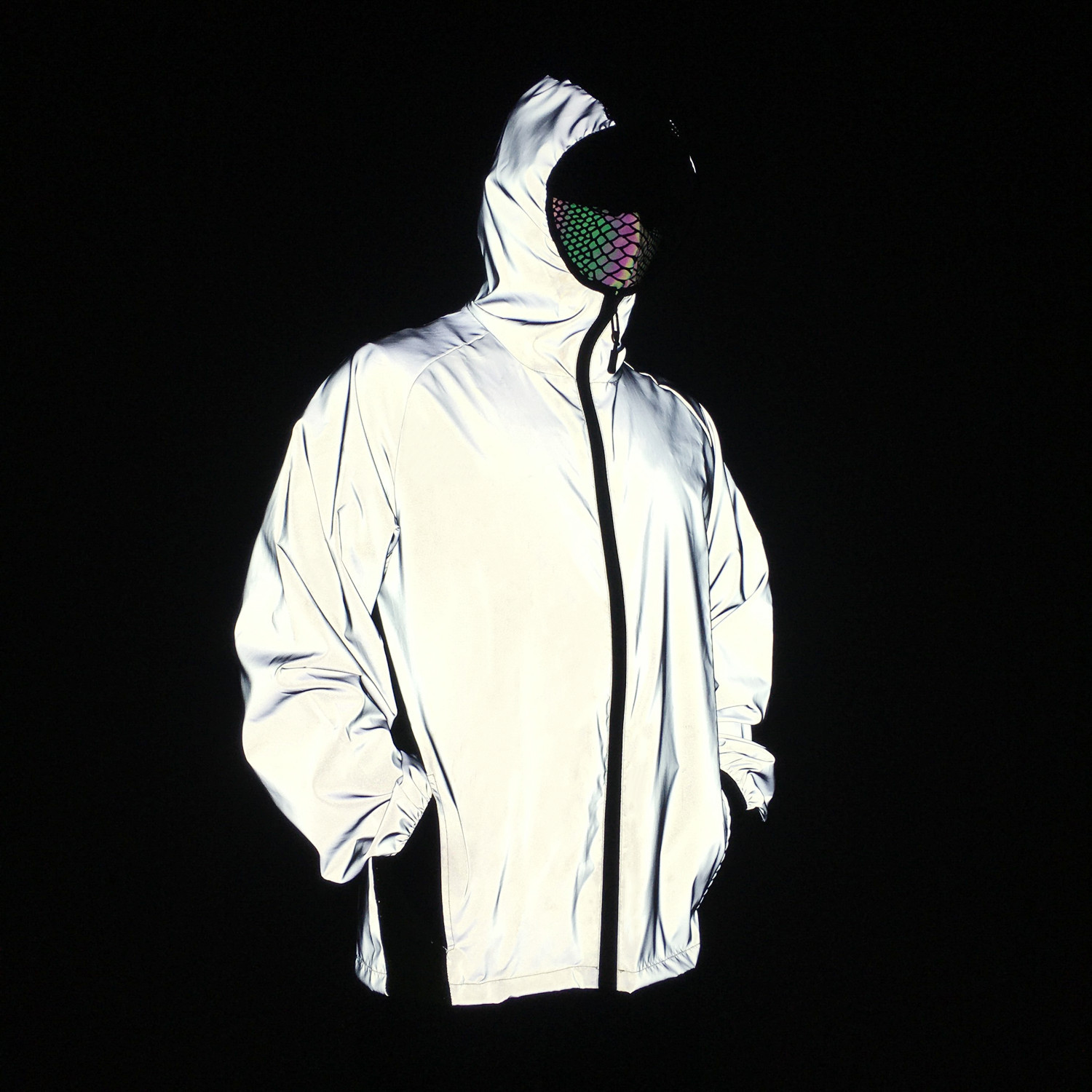 Abbigliamento da uomo, giacca riflettente colorata, sport all'aria aperta, con giunture in rete, giacca con cappuccio traspirante_voghion.com