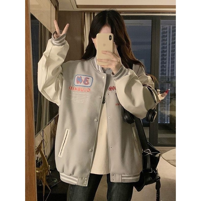 美式复古学院风刺绣棒球服外套女秋冬新款宽松设计感小众夹克上衣